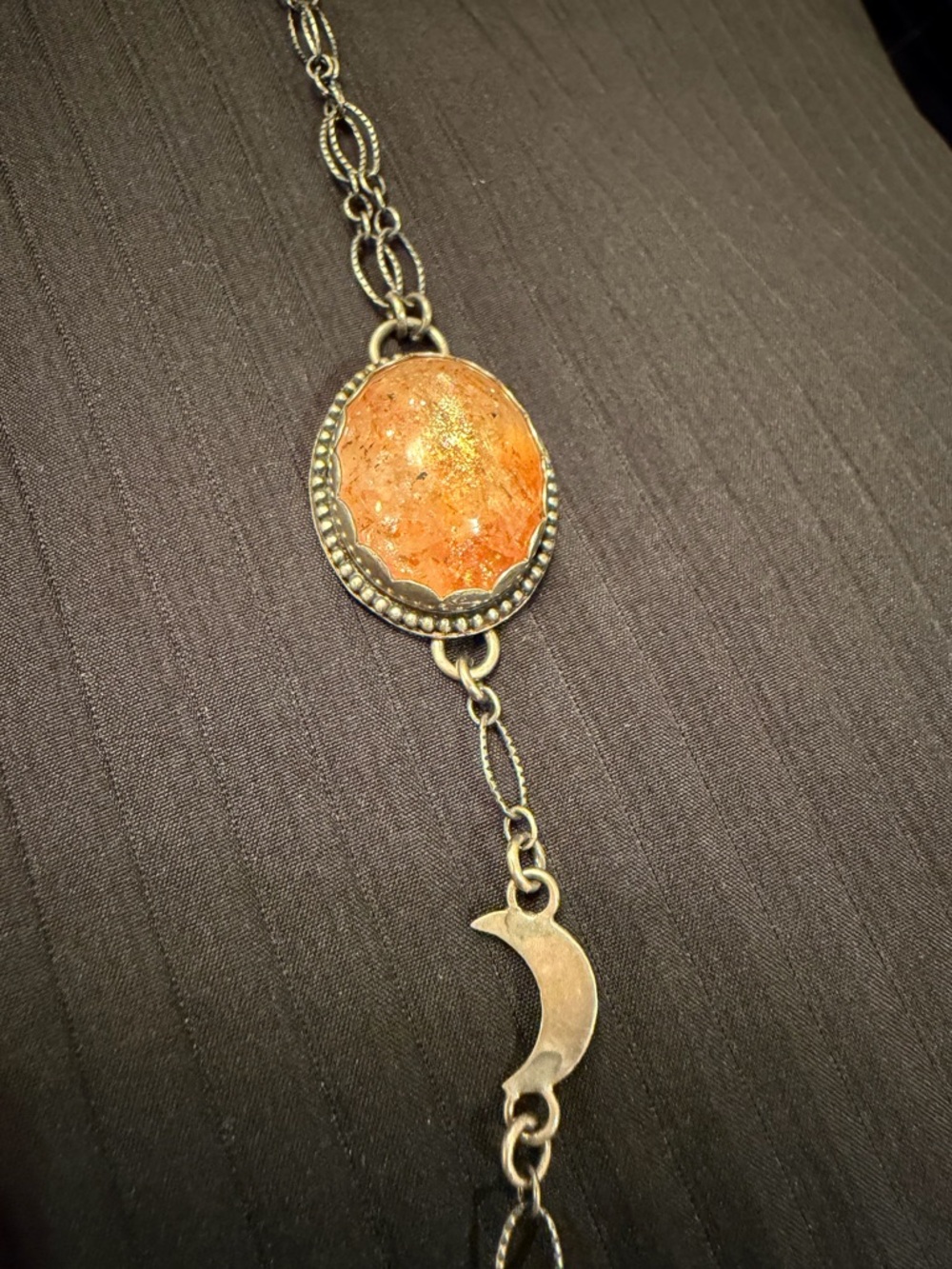 Semi Precious Natural Stone Pendant Necklace with Crescent Moon 925